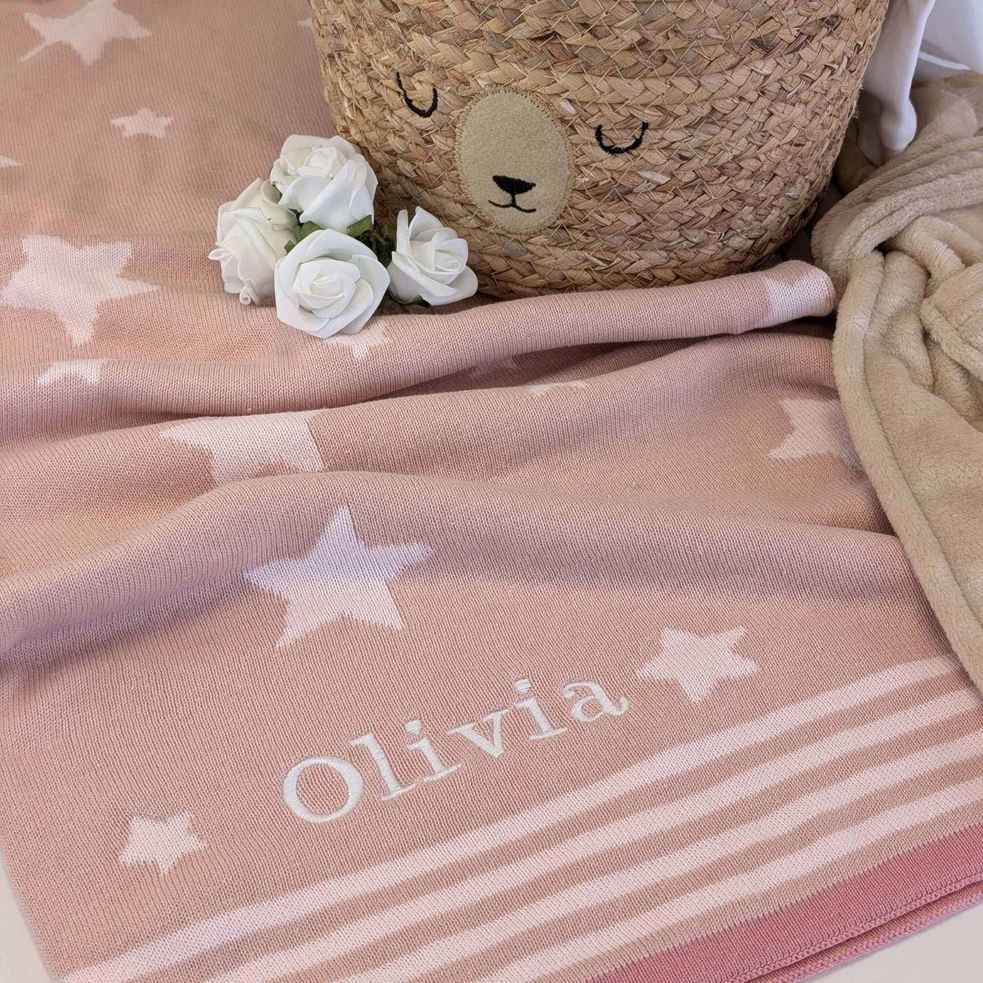 Personalised dusky pink stars baby blanket – soft knitted newborn keepsake – Bumbles and Boo.