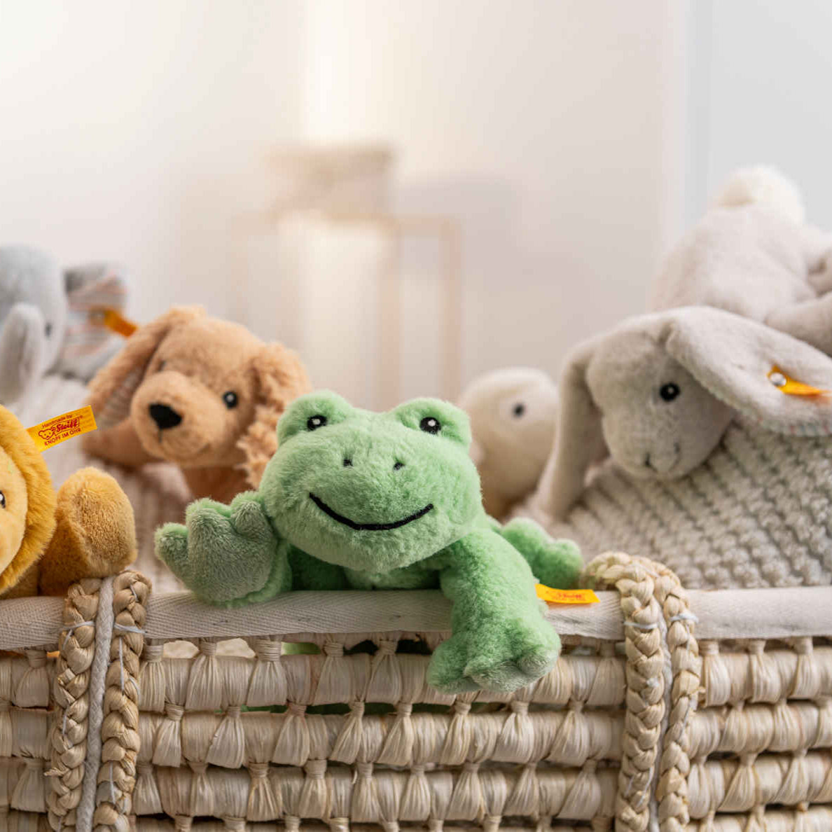 Steiff Floppy Cappy Frog – soft and huggable plush toy with embroidered details – Bumbles and Boo