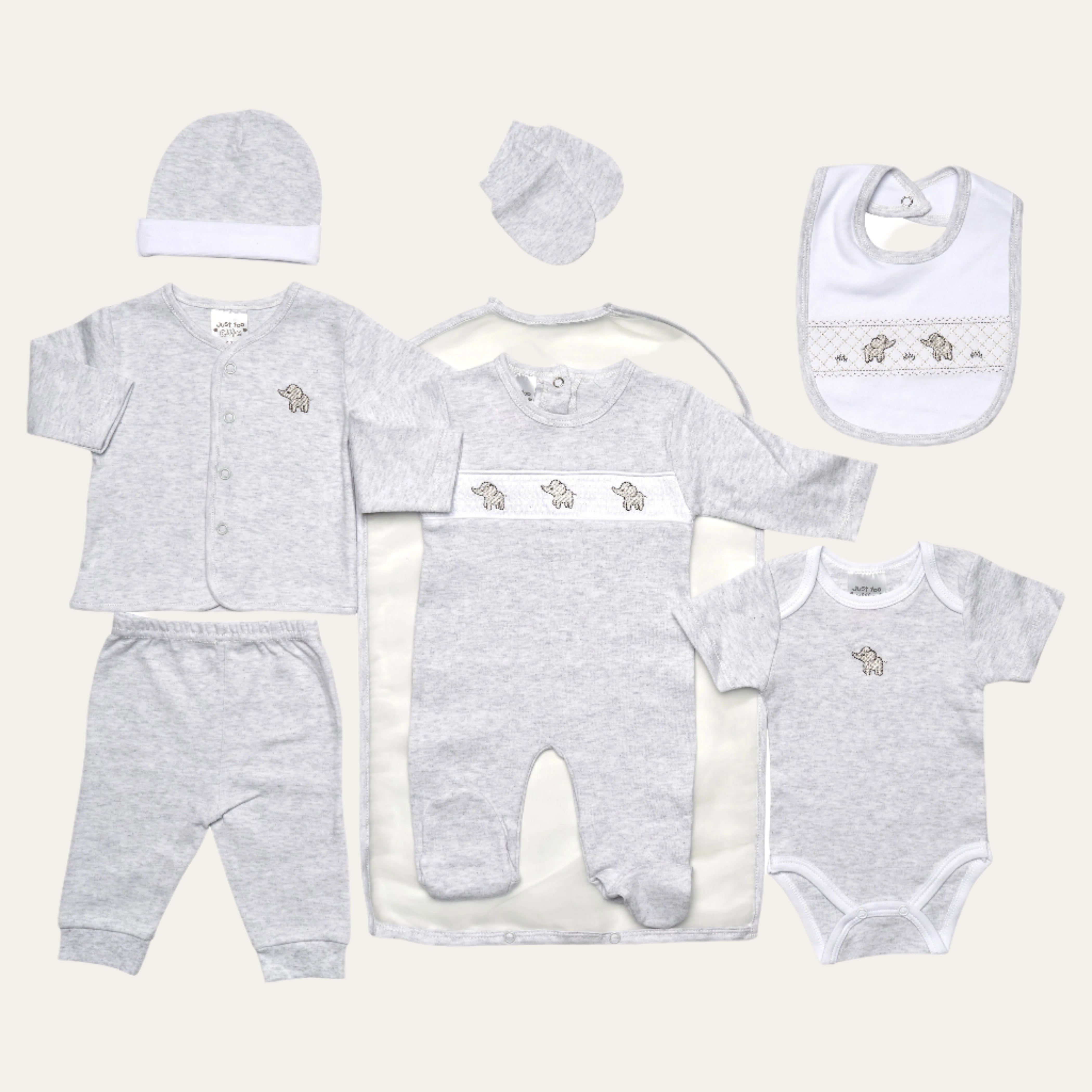 Unisex baby clothing 7-piece set – elephant design sleepsuit, bodysuit & accessories – Bumbles and Boo