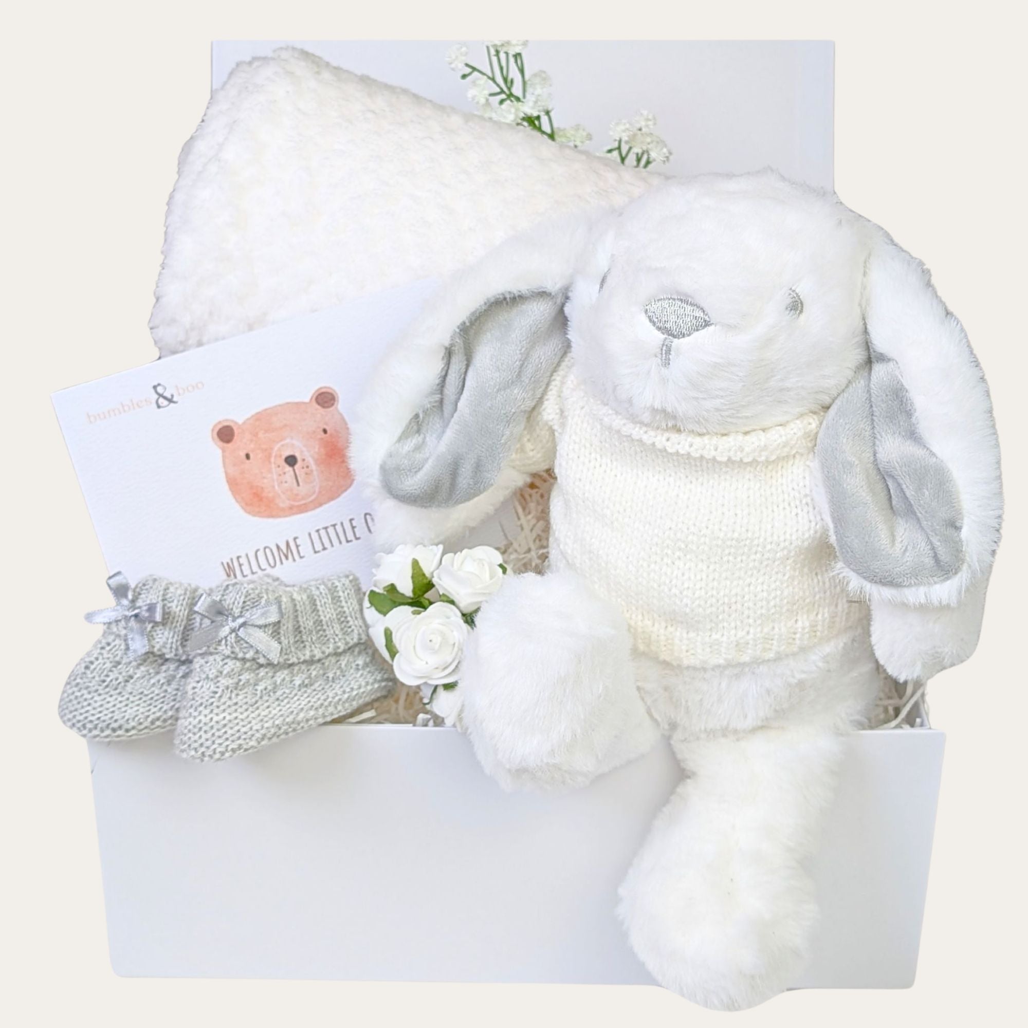 baby hamper gifts box with personalised bunny soft toy, white baby blanket, grey baby booties and free greetings card. Bumbles and boo.