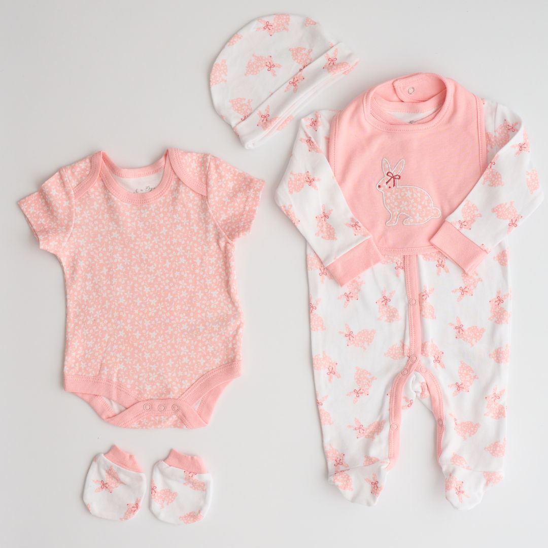 baby girl clothing set with bunny theme.