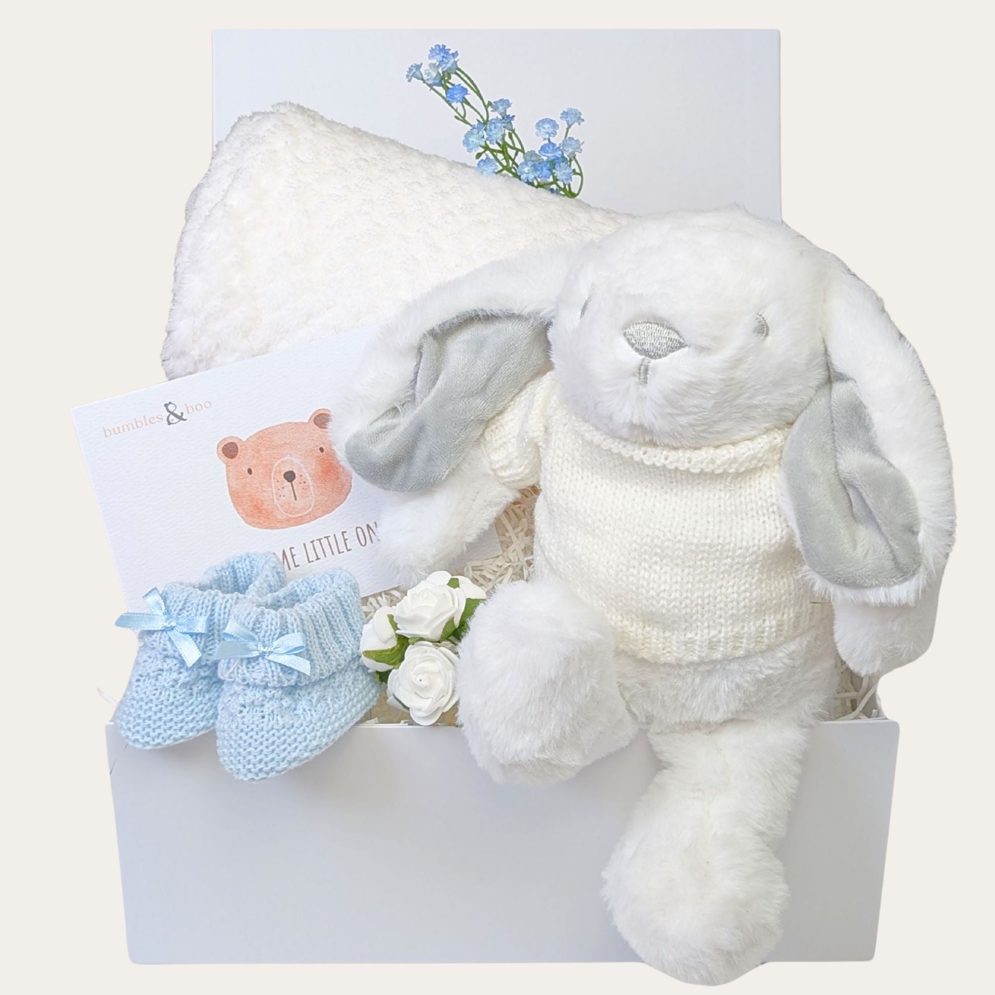 baby boy gift box with white bunny, white baby blanket, blue knit booties and free greetings card. Bumbles and Boo.