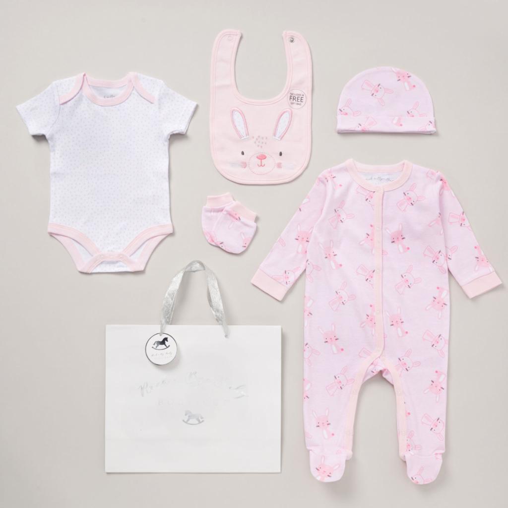 Baby girl pink 5 pcs clothing gift set with pink bunny print and a large smiling bunny on the bib bumbles and boo