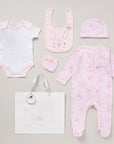 Baby girl pink 5 pcs clothing gift set with pink bunny print and a large smiling bunny on the bib bumbles and boo