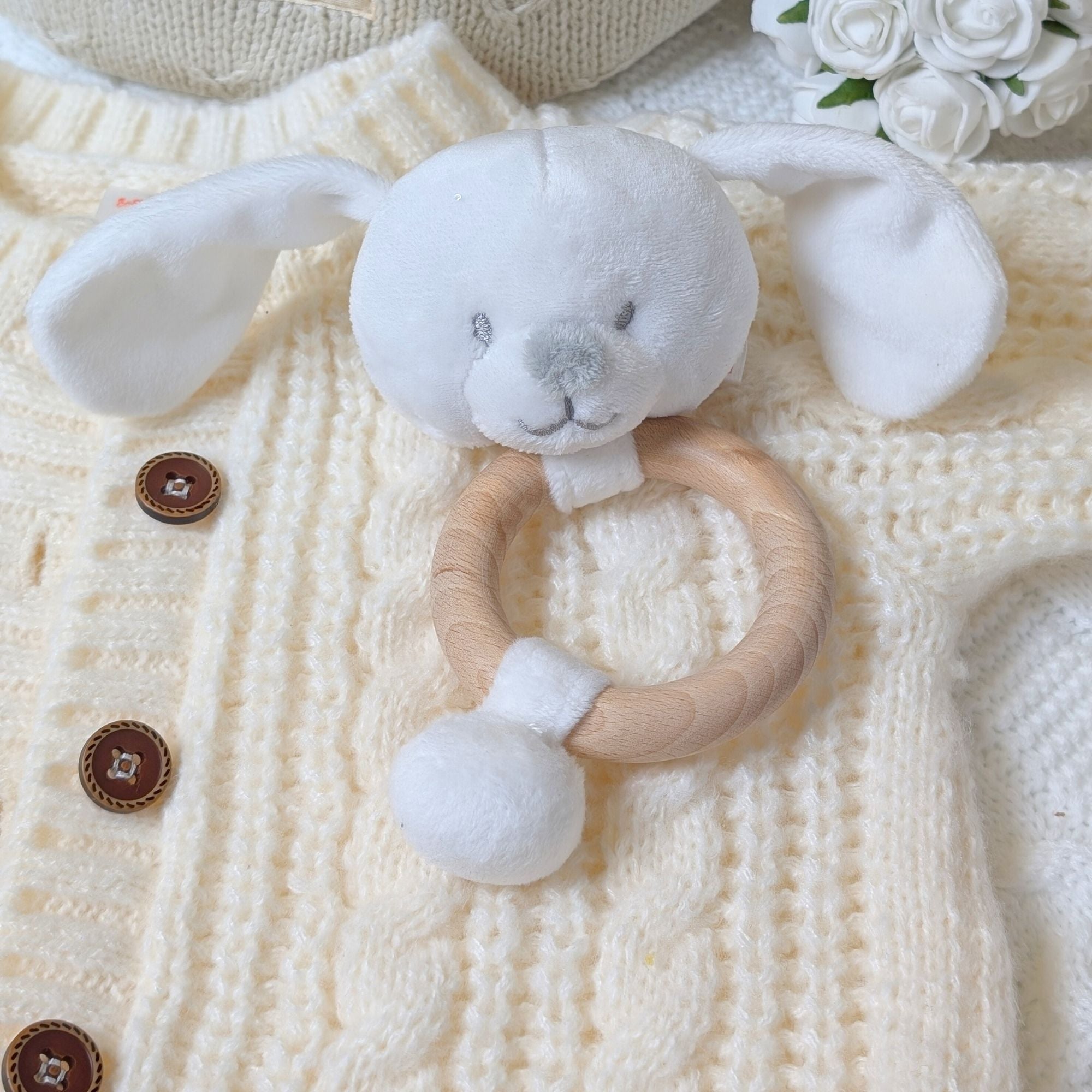 Eco-Friendly White Bunny Rattle Teether made from recycled 
 materials