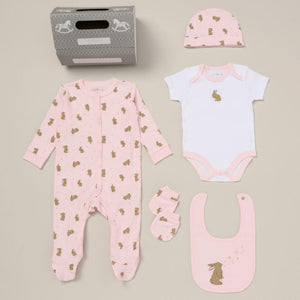 Bunny and Star 5 Piece 100% Cotton Clothing Gift Set with All-in-One sleepsuit, cosy bodysuit, matching hat, practical bib, and adorable mittens. Perfect for newborns