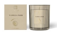 Luxury Candle Pot in coloured glass with a lit flame vanilla noir