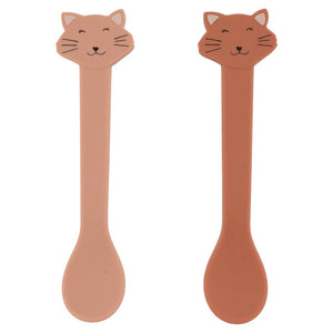 Pink cat silicone baby spoons with friendly face design and stainless steel core; sturdy, BPA-free, dishwasher safe, ideal for ages 4 months+