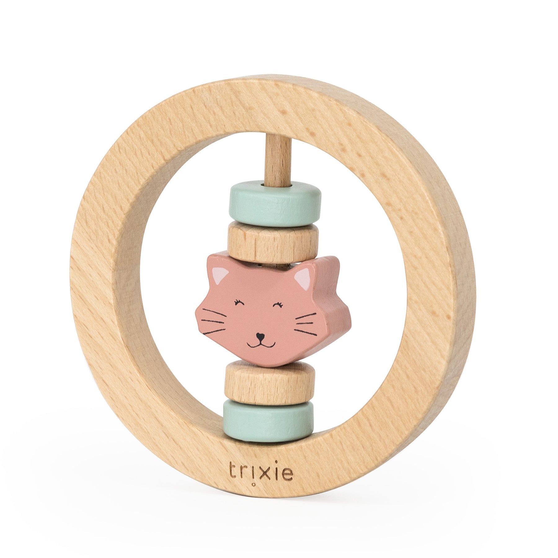 Round Wooden cat Rattle for babies, made from 100% FSC® certified beech wood, designed for tiny fingers to promote sensory exploration and development.