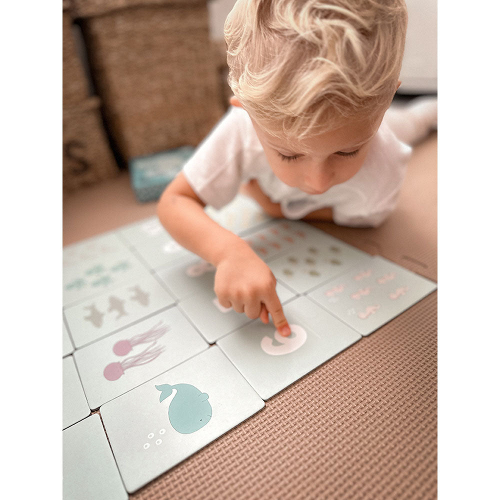 Number Memory Game with colourful sea-themed cards featuring numbers and ocean creatures for counting and matching