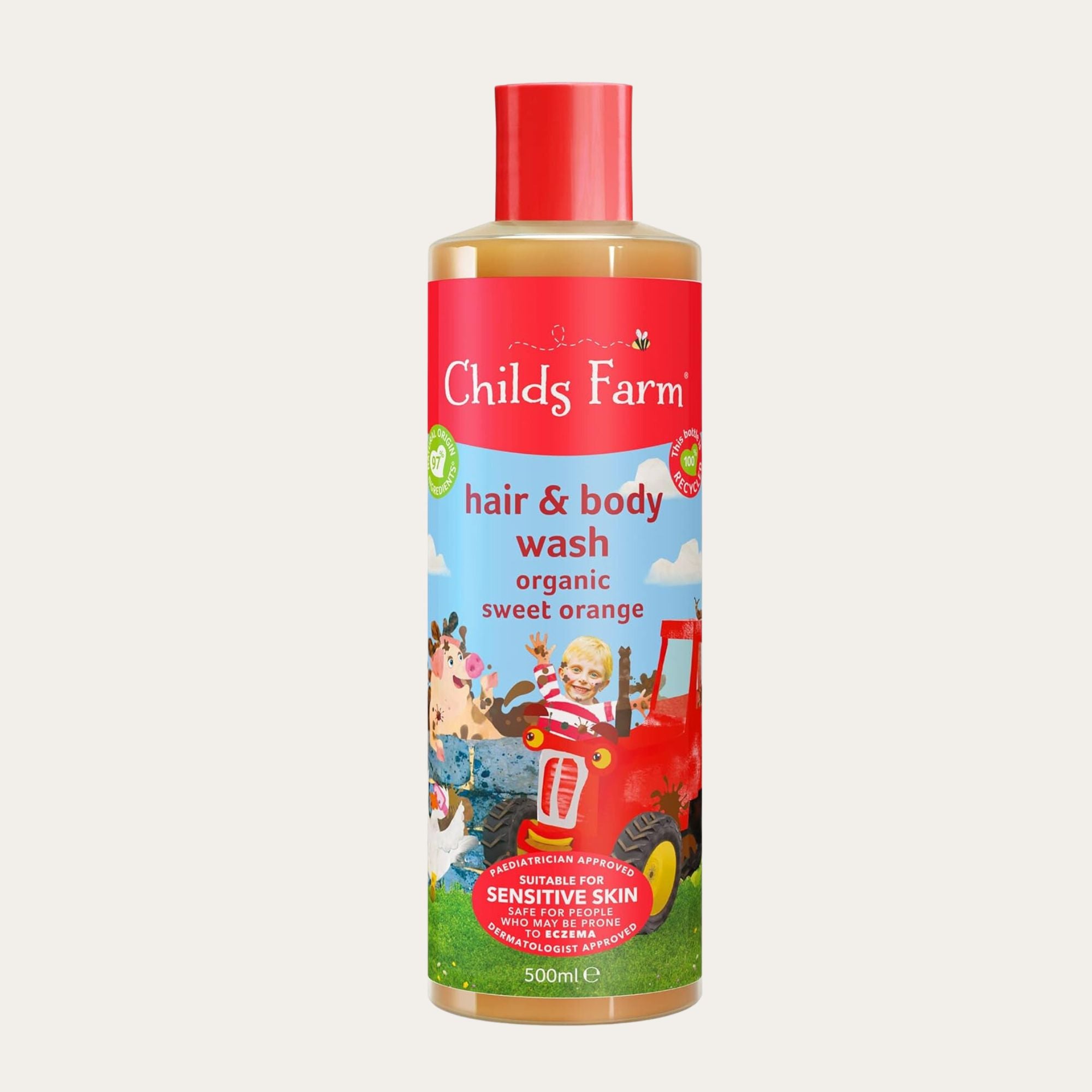 Natural hair and body wash for babies in a 250ml bottle, featuring corn and coconut-derived cleansers for gentle, nourishing care