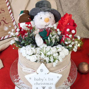 snowman themed baby nappy cake for baby's first christmas