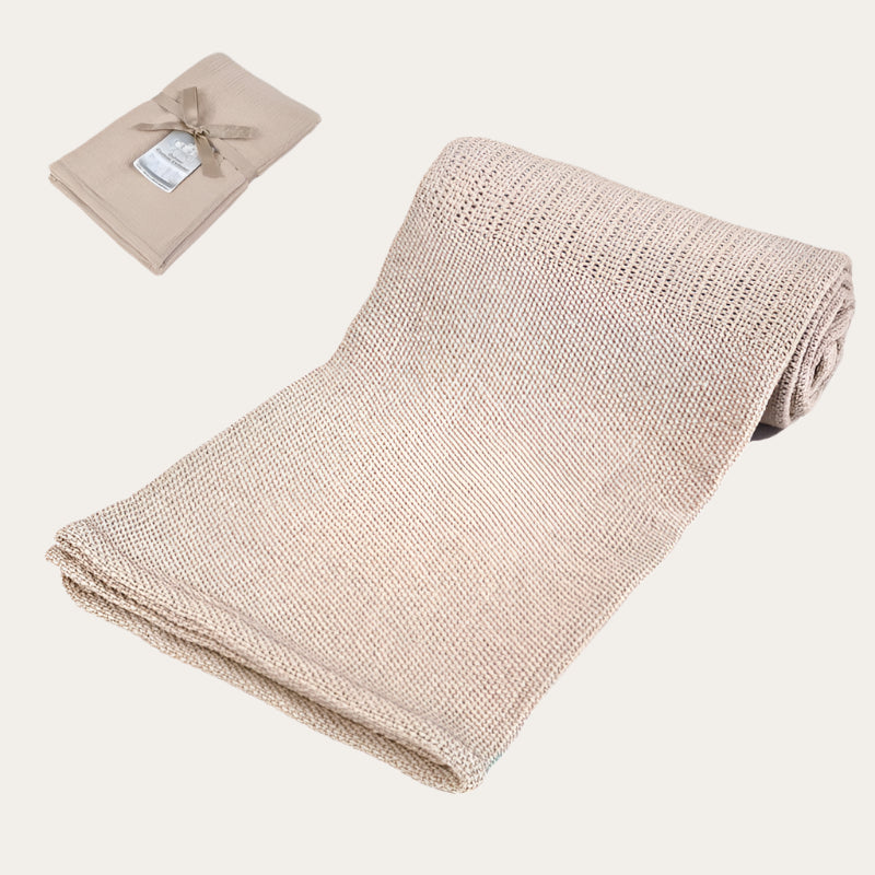 Personalisable coffee Cotton Cellular Blanket in use, covering a sleeping baby.