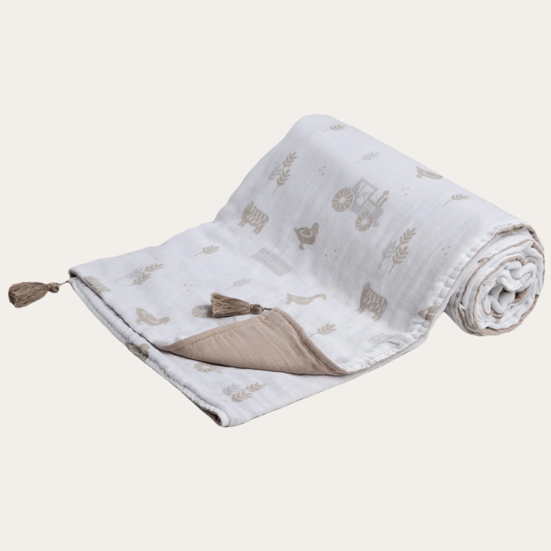 White and coffee farm  printed muslin wrap with tassels – 100% cotton