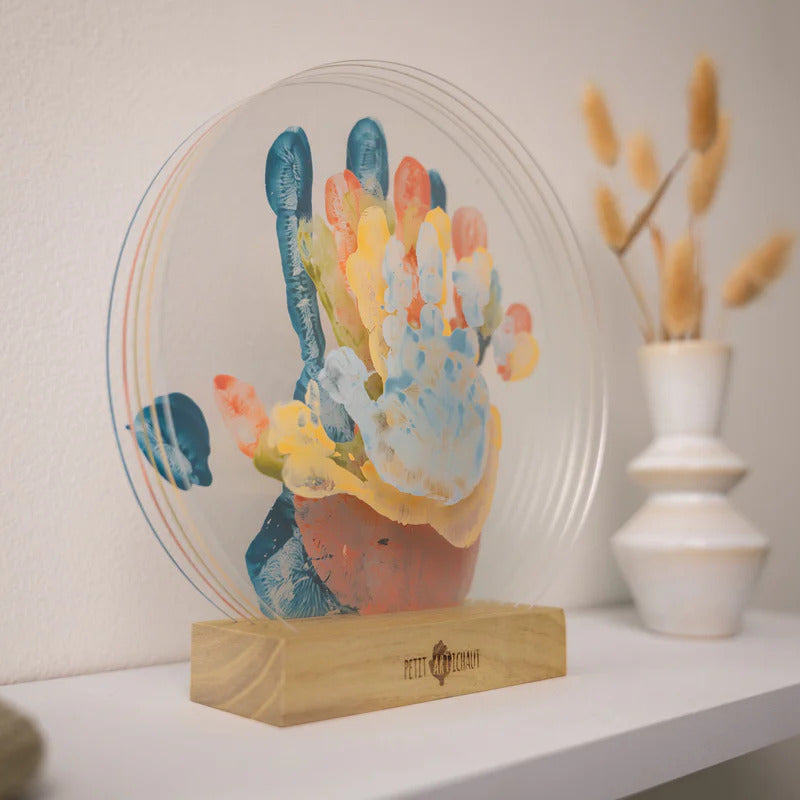 Close-up of the Family Colour Handprint Frame with vibrant layered handprints