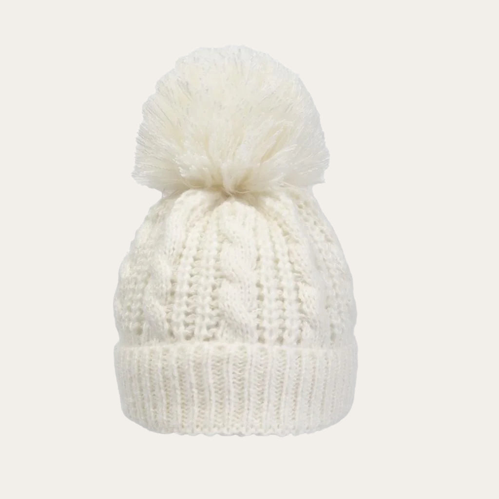 Cream Pearl & Cable Knit Baby Hat with large pom pom