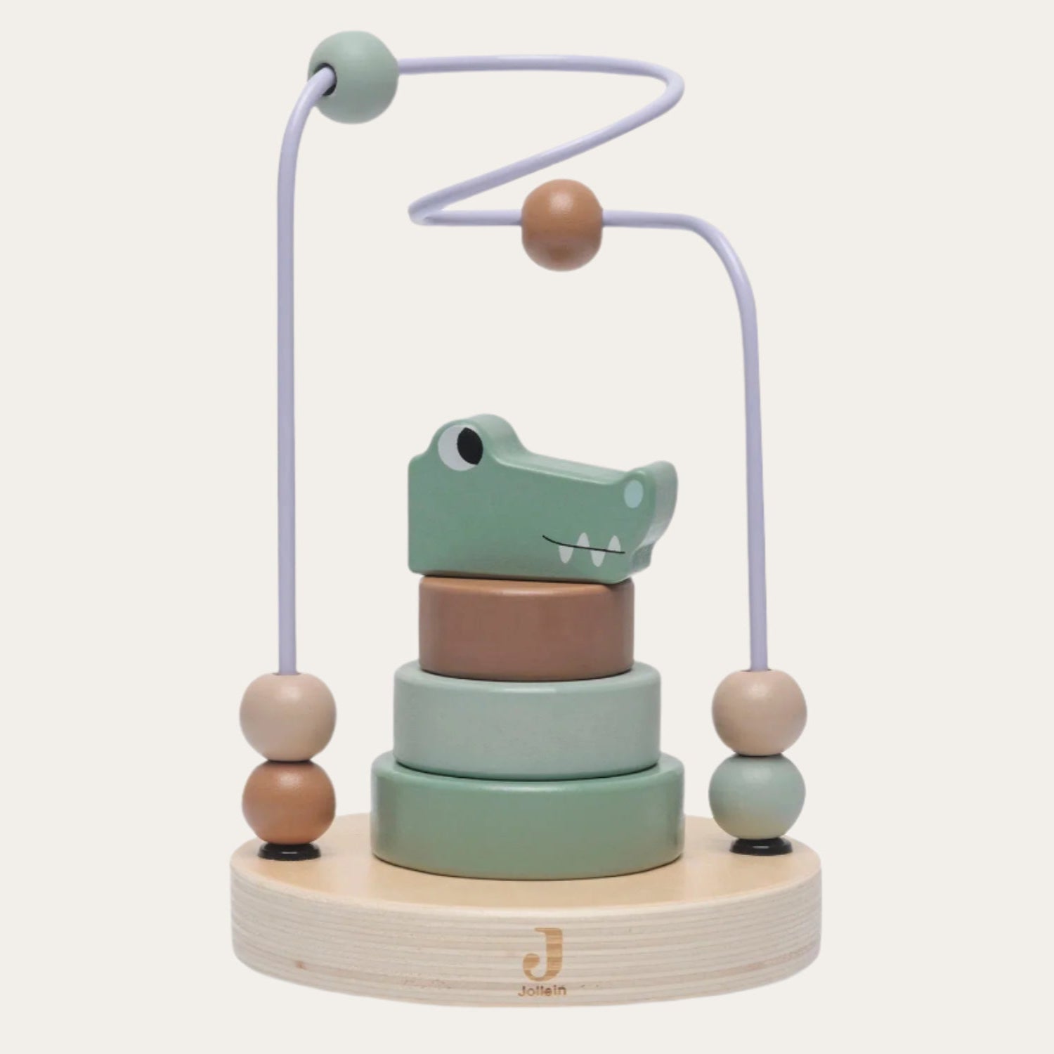 Wooden Spiral stacking crocodile  toy with 4 coloured stacking cubes and 6 spiral beads, FSC-certified wood.