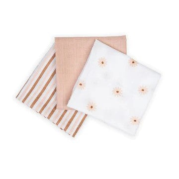 Pink and white flower-themed muslin squares