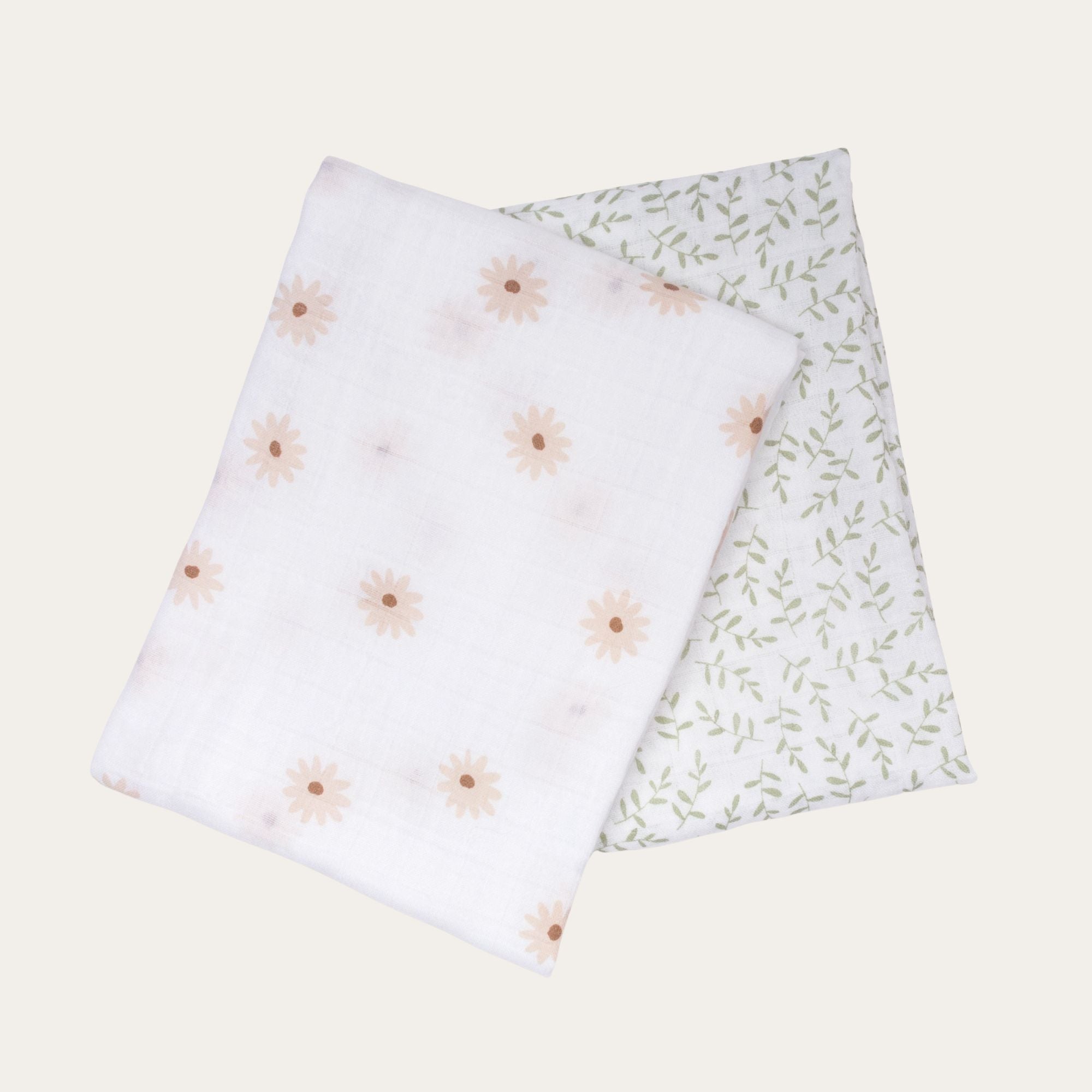 Premium cotton soft and breathable 2 pack of muslins from Lulujo in daisy and green leaf soft natural prints.