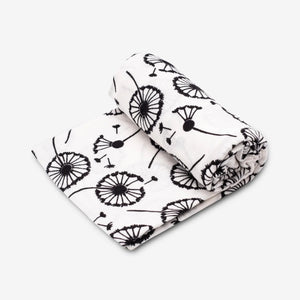 Large organic white muslin with black sensory print of a dandelion to help with babies eyesight and brain development