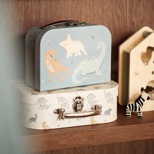 Keepsake Storage Suitcase Play Case Set (2 pieces) featuring roarsome dinosaur print and space for a child’s name.