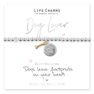 Dog lover sentiment silver plated bracelet with a par print and bone charm