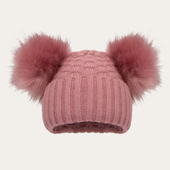 Baby Deco Rose Checked/Striped Knit Hat with Faux Fur Double Pom Poms