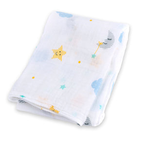 Large cotton muslin swaddle blanket with dreamland print measuring 100 x 100cm which can be used as a swaddling blanket, nursing cover up, buggie cover or burp cloth