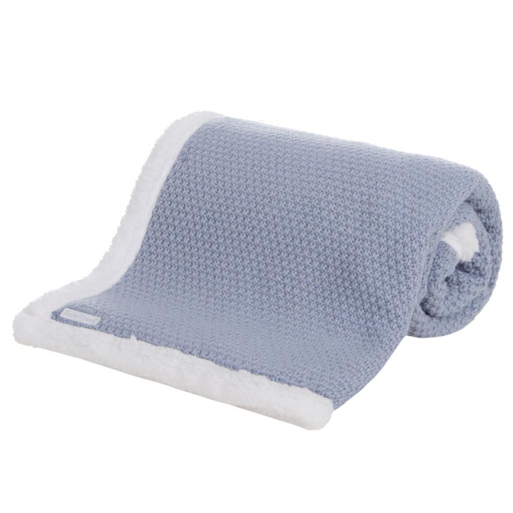 Soft dusk blue knitted baby blanket with soft white sherpa lining back