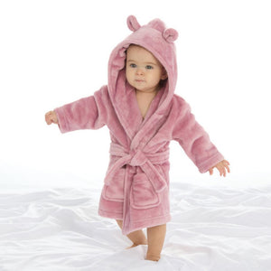 Soft plush dusky pink coloured dressing gown bath robe with cute teddy bear ears