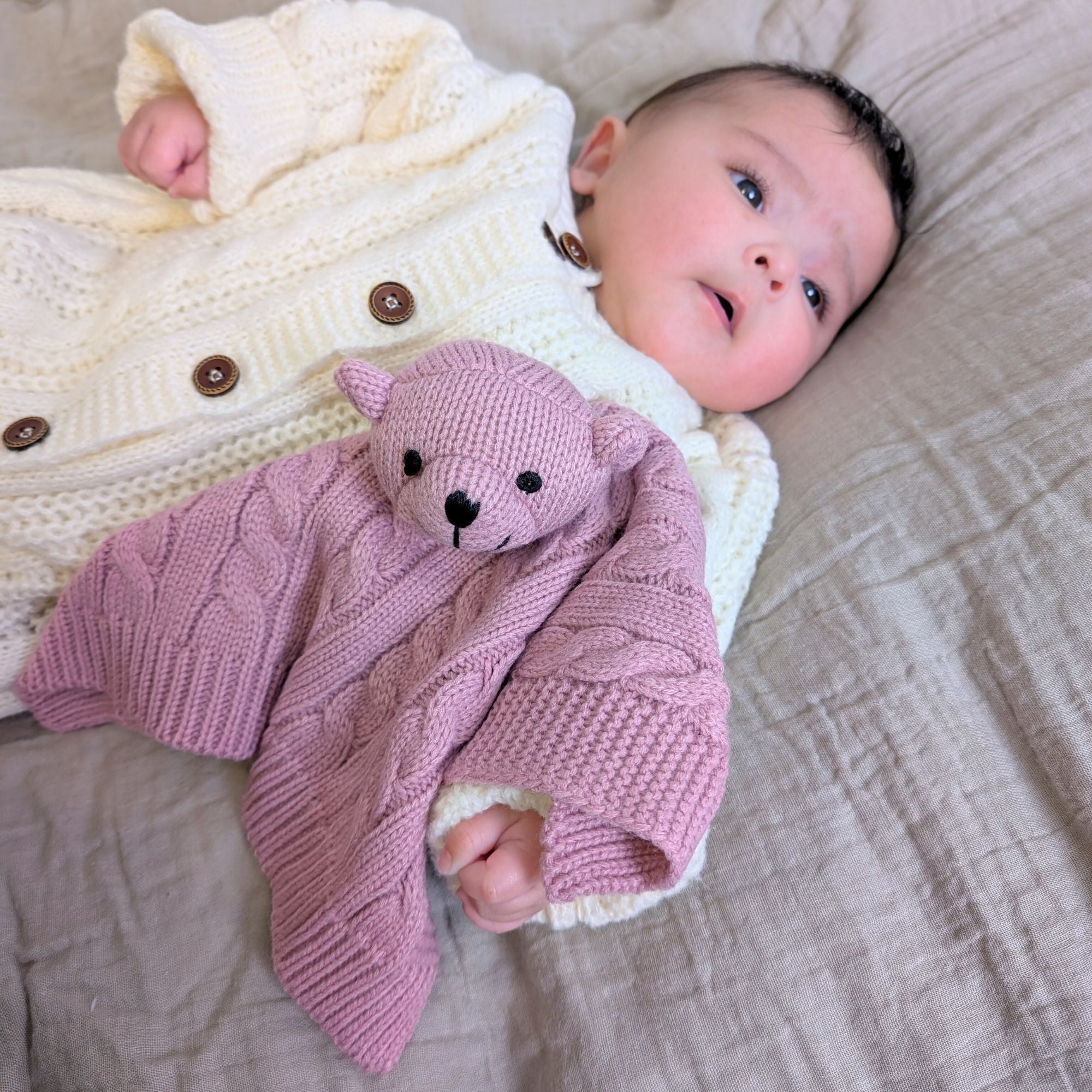 dusky pink bear comforter knit soft toy