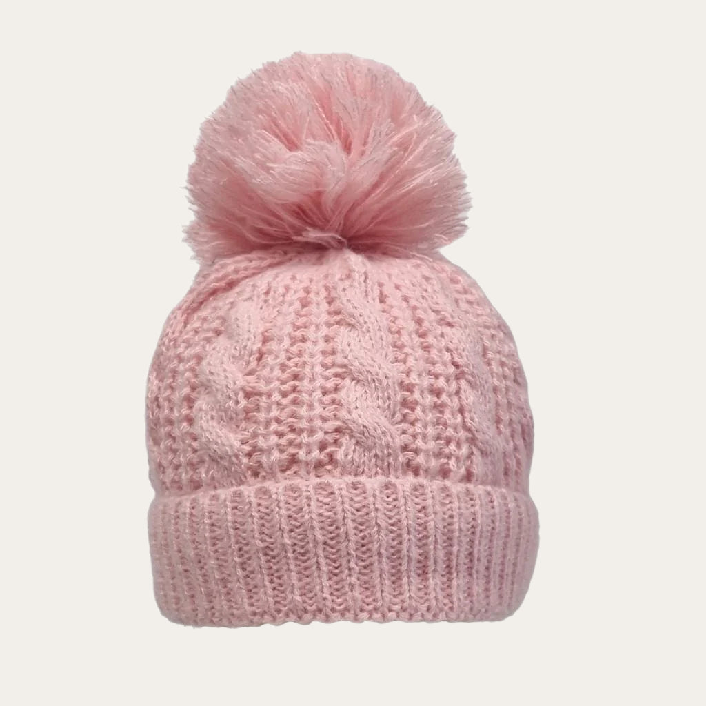 dusky pink Pearl & Cable Knit Baby Hat with large pom pom