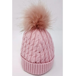 Dusky pink cable knit pom-pom hat