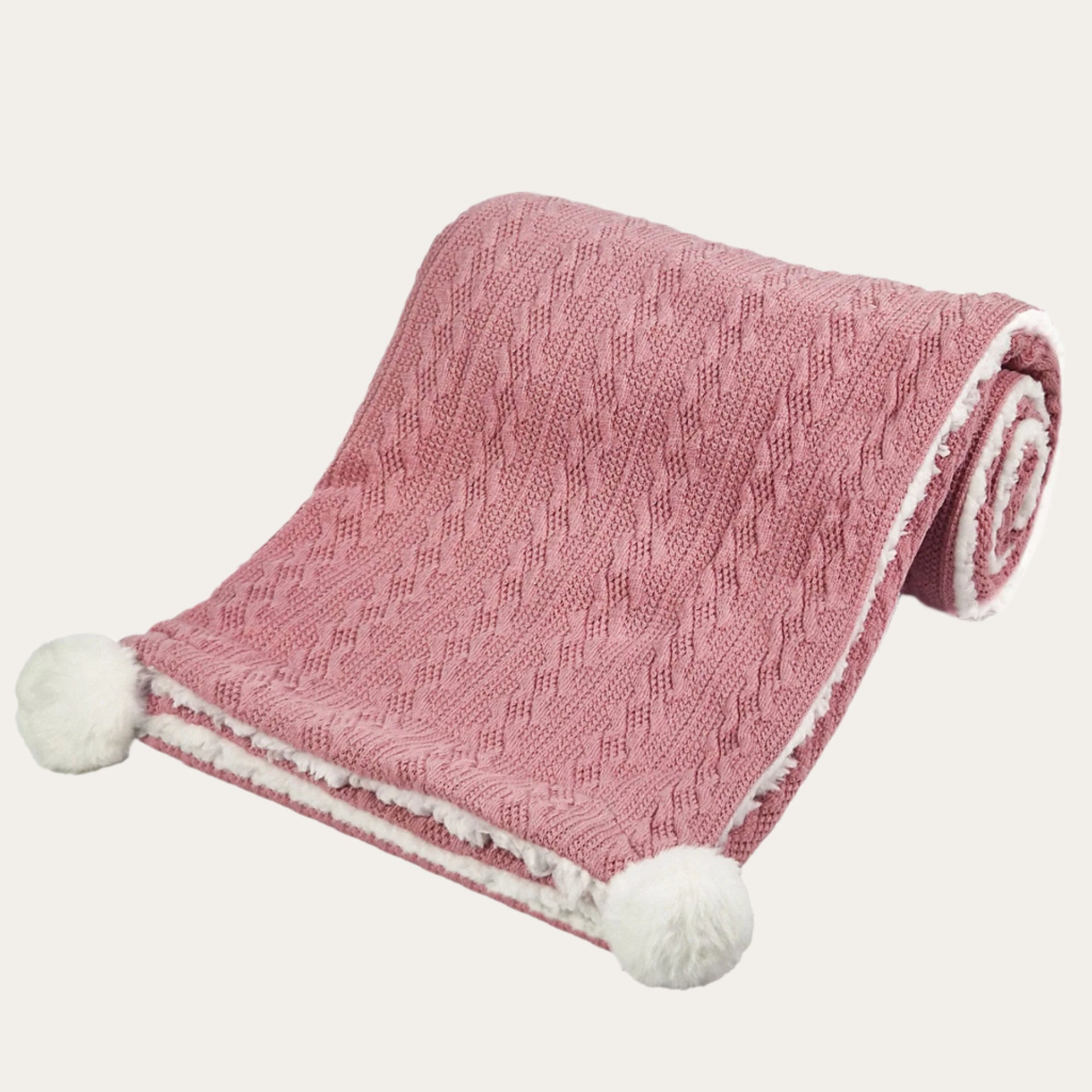 Dusty pink cable knit wrap with pom pom trim – baby blanket 75 x 90cm