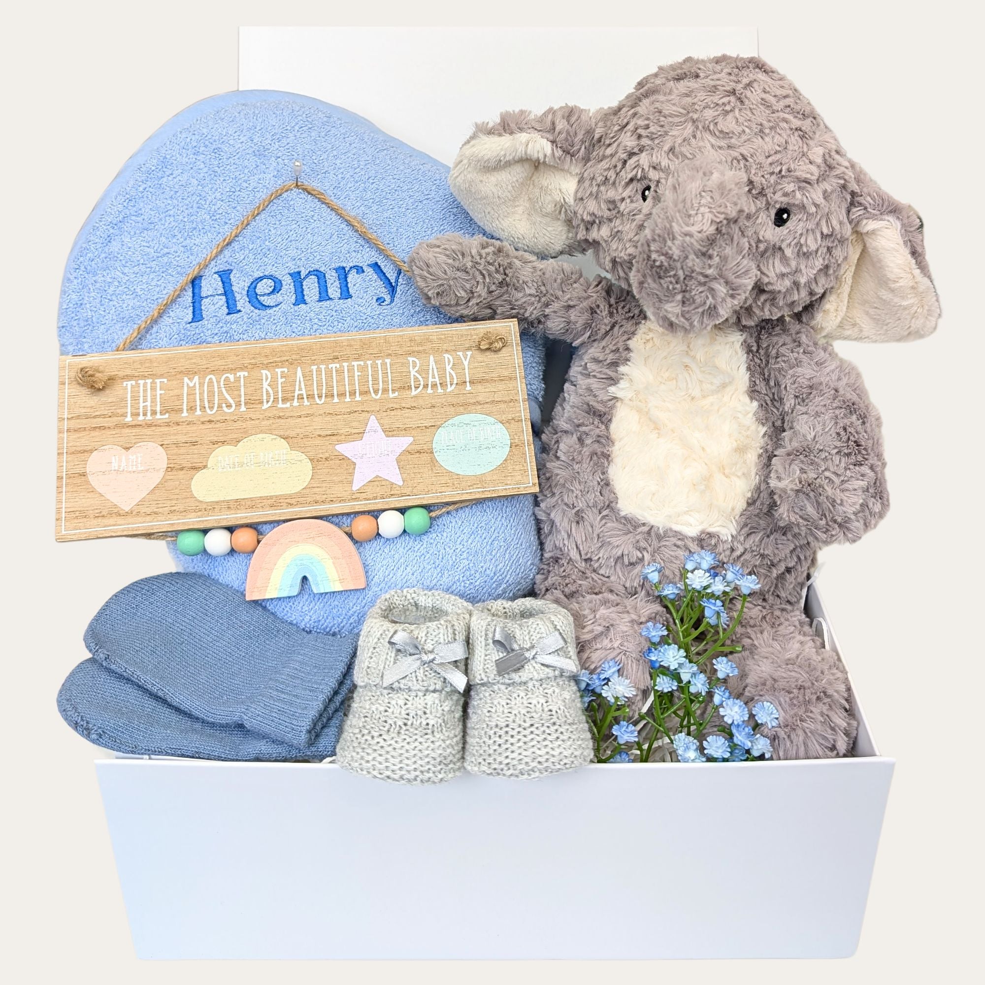 baby boy gift box with eco elephant soft toy, baby hooded towel, nursery plaque, baby booties and knit mittens. Bumbles and Boo.