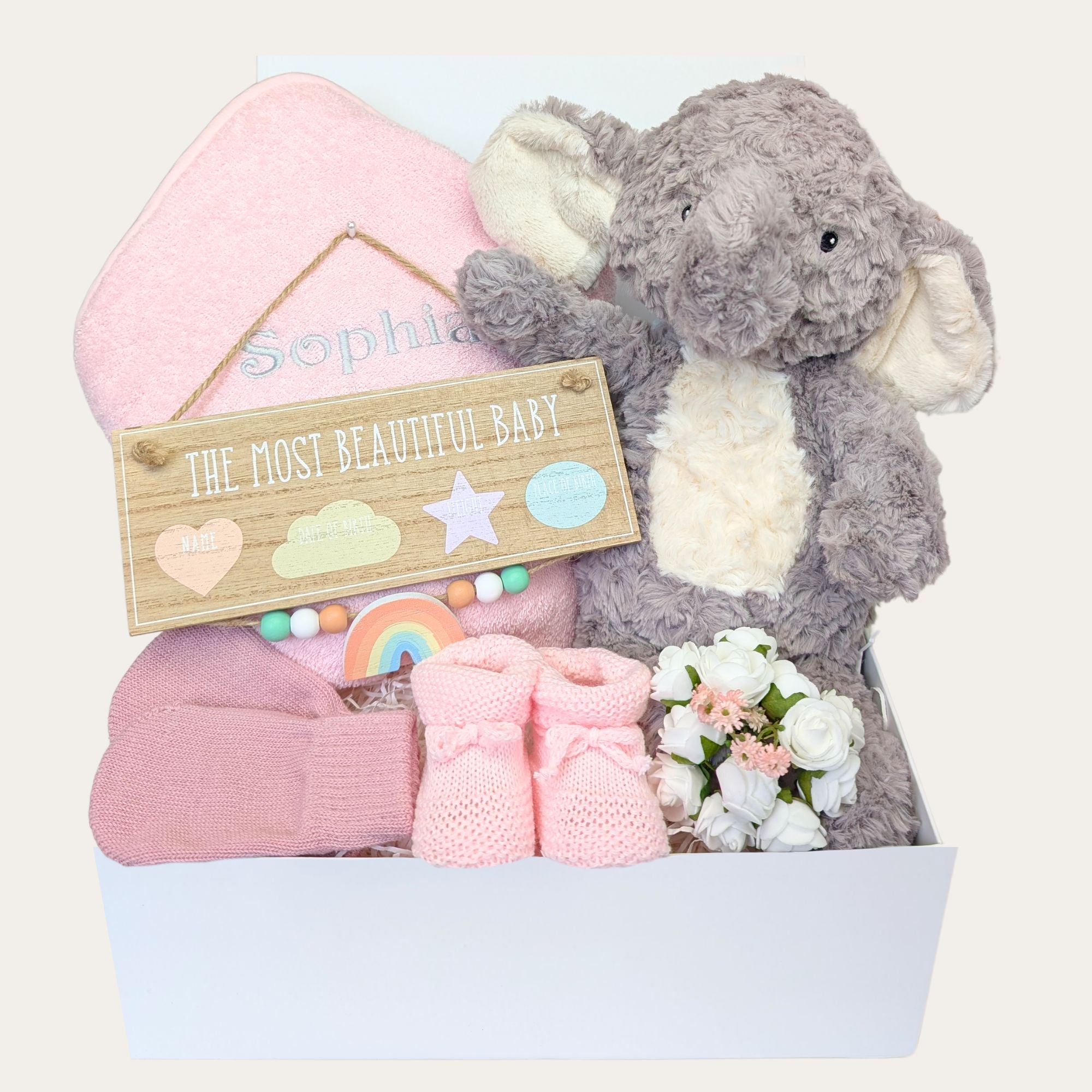 baby girl gift box with eco friendly elephant, eco friendly elephant, baby booties, knit mittens and nurse plaque. Bumbles and Boo.