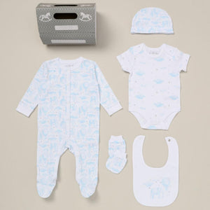 Elephant and Balloon 5-Piece 100% Cotton Clothing Gift Set with All-in-One sleepsuit, cosy bodysuit, matching hat, practical bib, and adorable mittens. Perfect for newborns