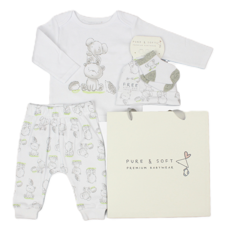 Baby Unisex Animals 4-Piece Gift Set featuring cute elephant and bear designs. Includes a soft top, cosy trousers, matching socks, and a hat—perfect for newborns.