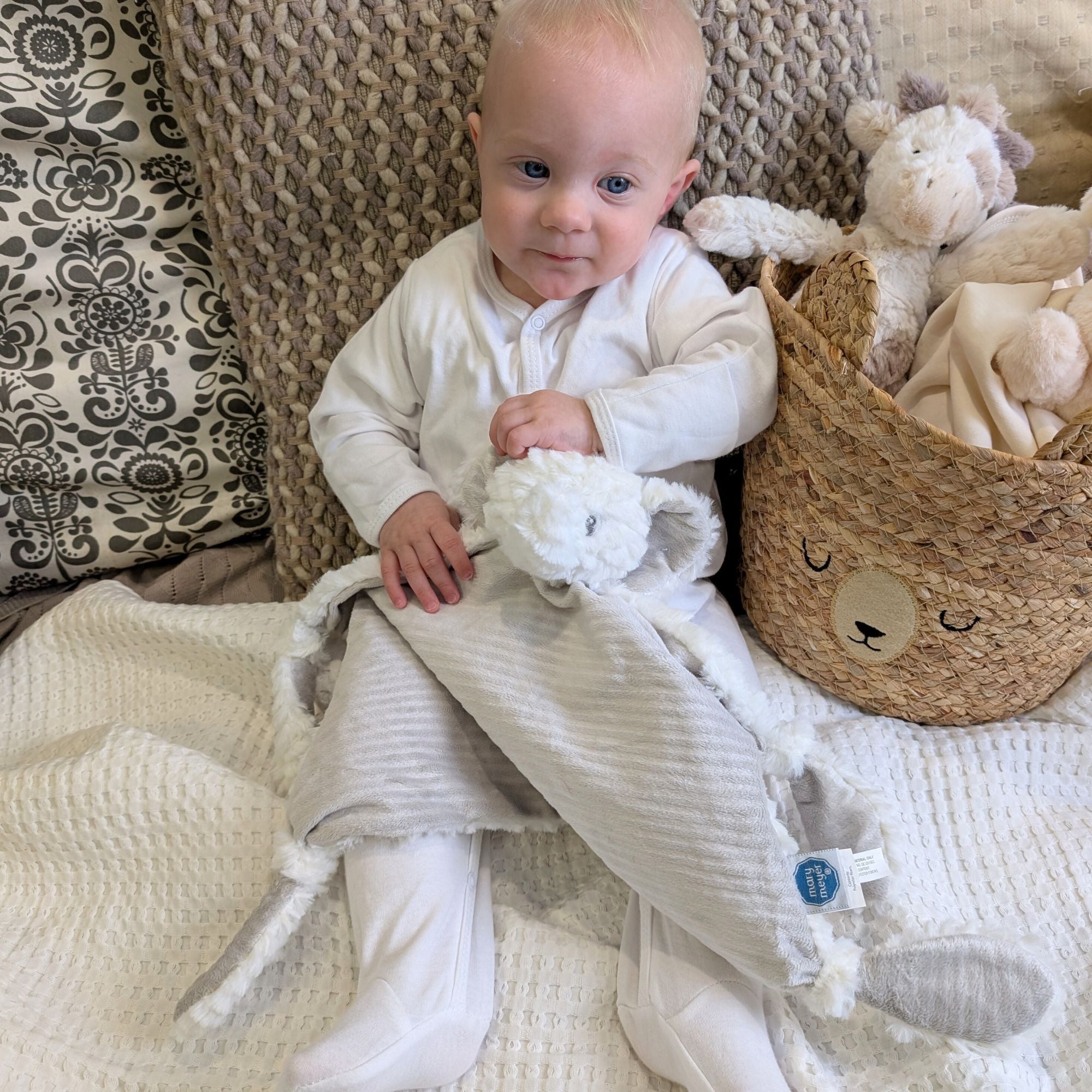 Baby holding a elephant comforter soft baby toy.