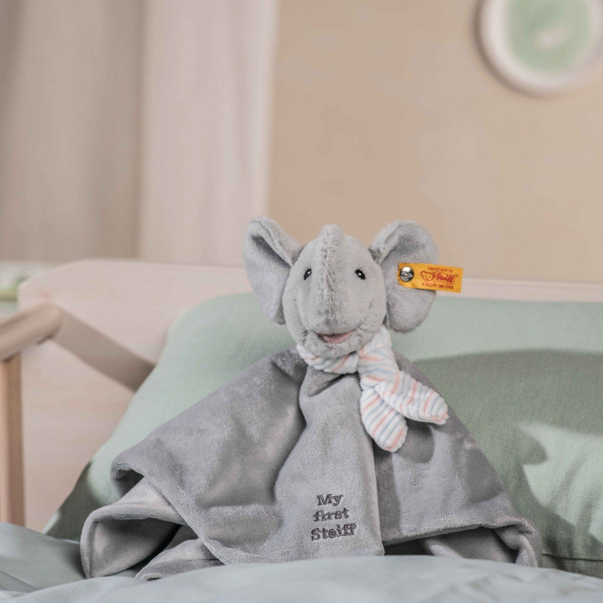 grey elephant comforter soft toy with a scarf. Bumbles and Boo.