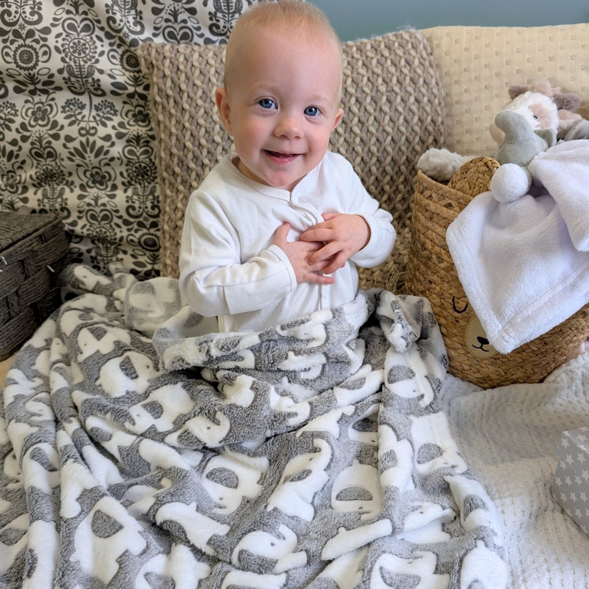 grey fleece blanket with elephants