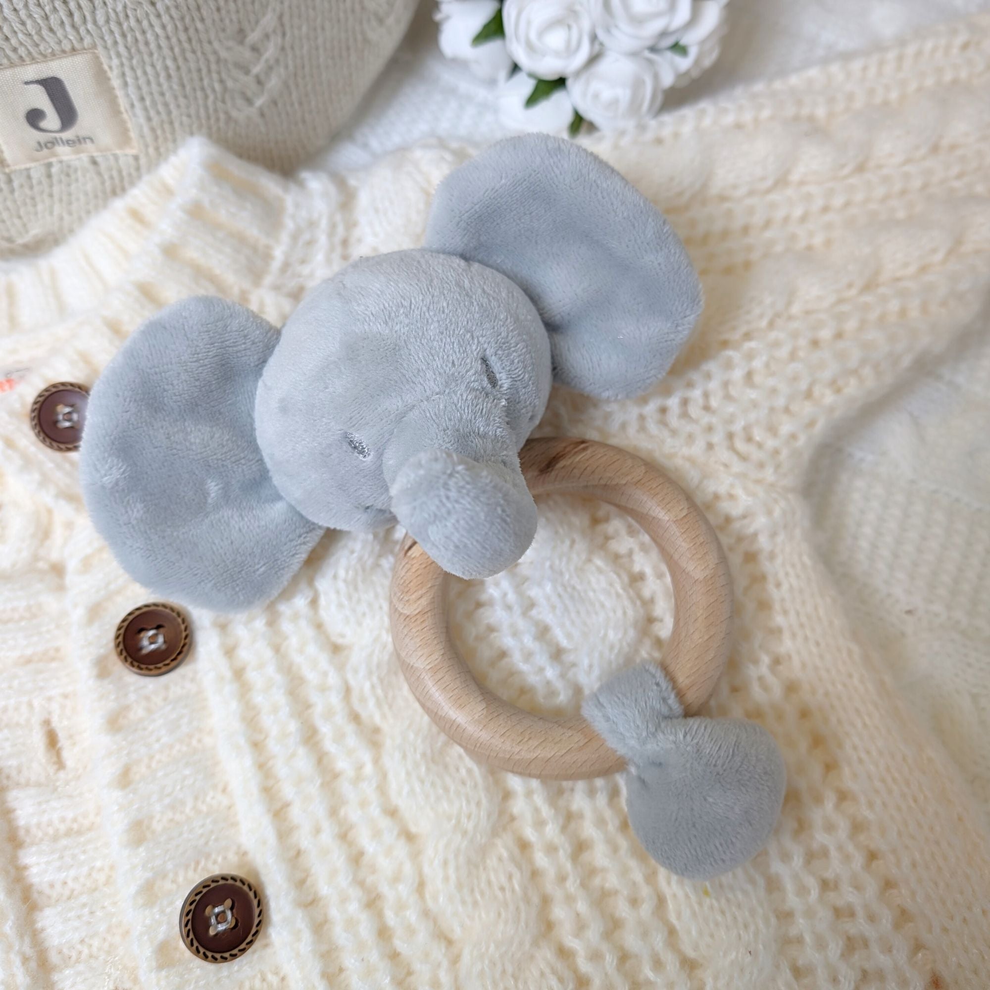 Eco-Friendly grey elephant Rattle Toy made from recycled materials