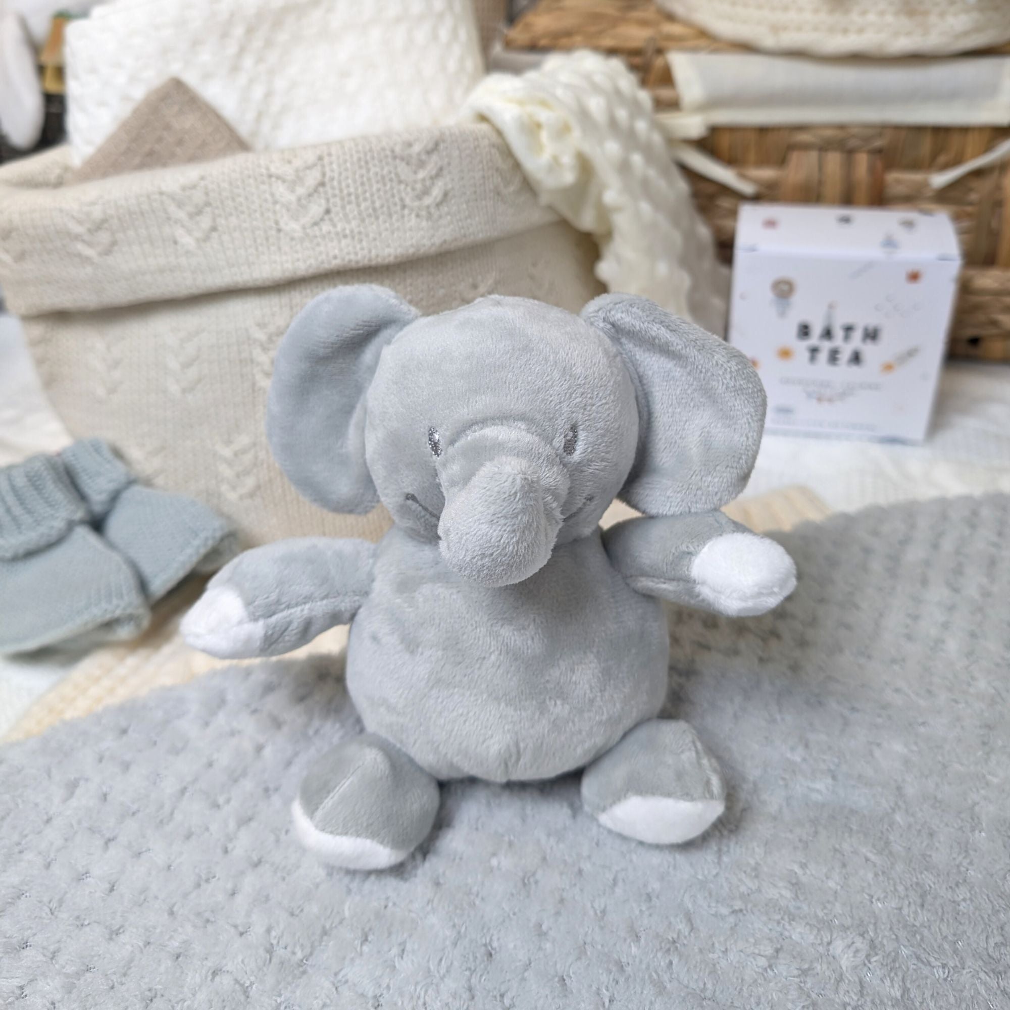 eco-friendly grey elephant soft toy for babies and toddlers. Bumbles and Boo.