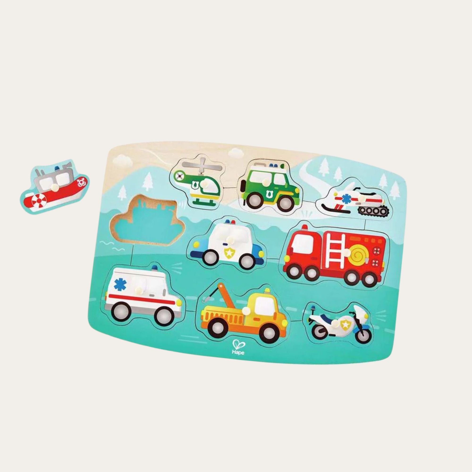 Wooden early learning jigsaw puzzle with nine emergency vehicle pieces including a fire engine and police car.