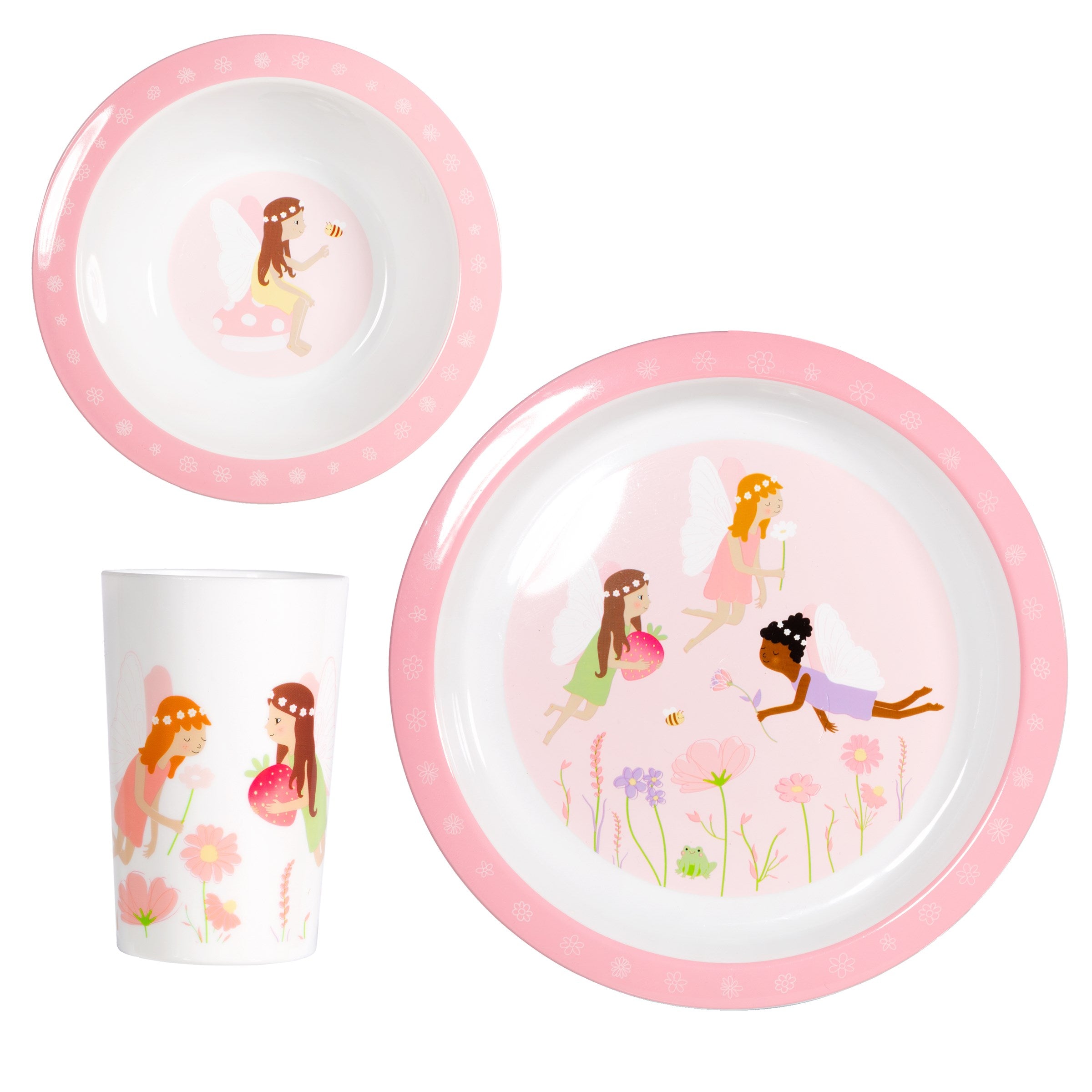 A pink set of fairy garden themed plate, bowl and cup for a toddler