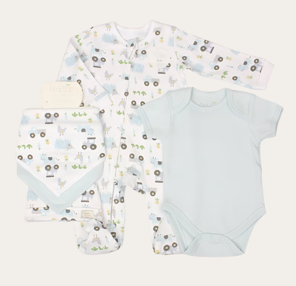 Farm Print Five-Piece Baby Clothing Set in blue/White, including ribbed all-in-one, bodysuit, 2 bibs, and hat, for 0-9 months