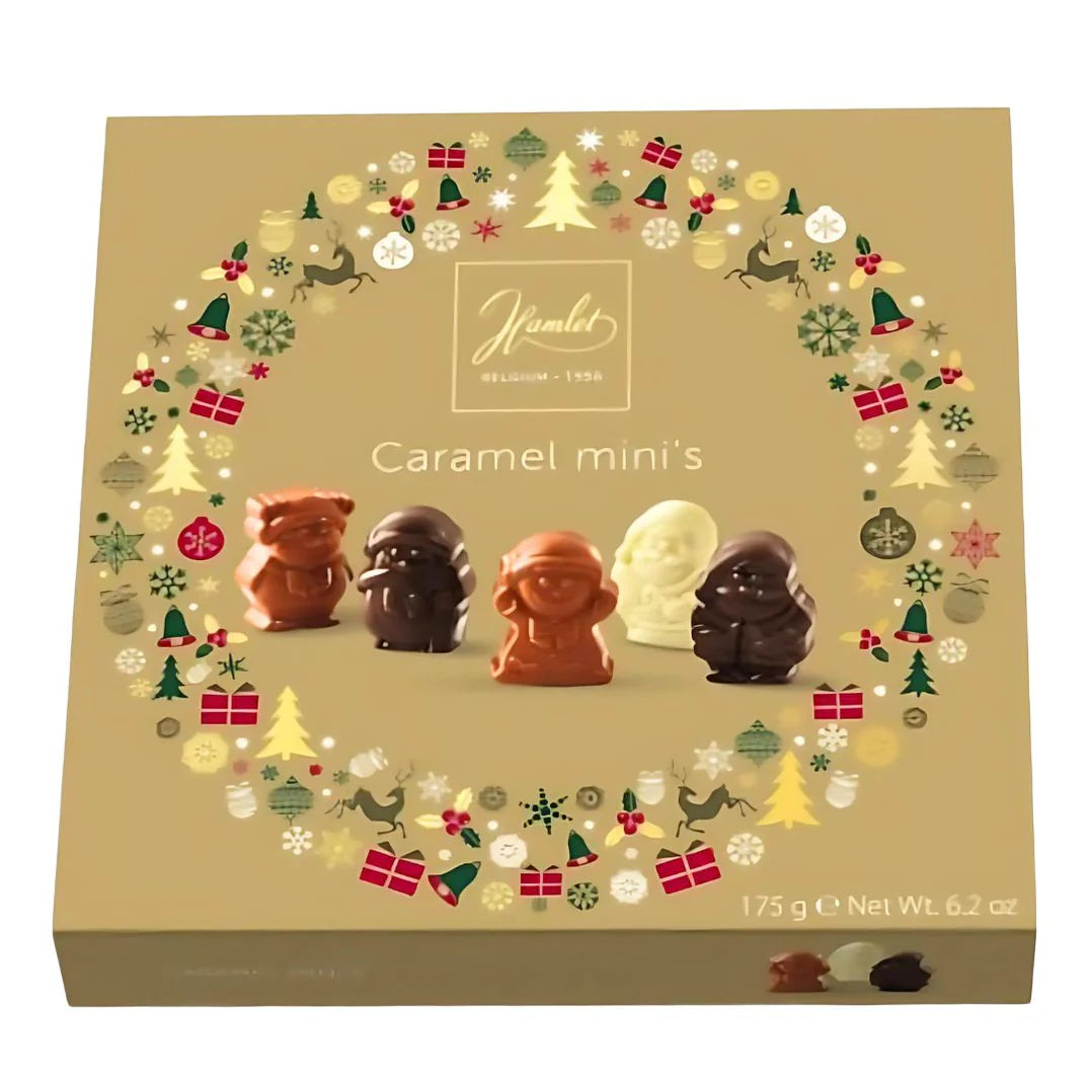 white, milk and dark chocolate festive shaped chocolates with a caramel centre