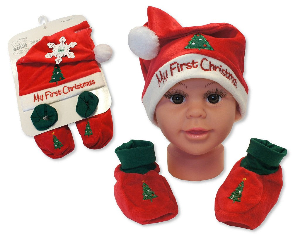 Babies 'My First Christmas' bobble hat and booties set with embroidered 'My First Christmas' and a Christmas tree