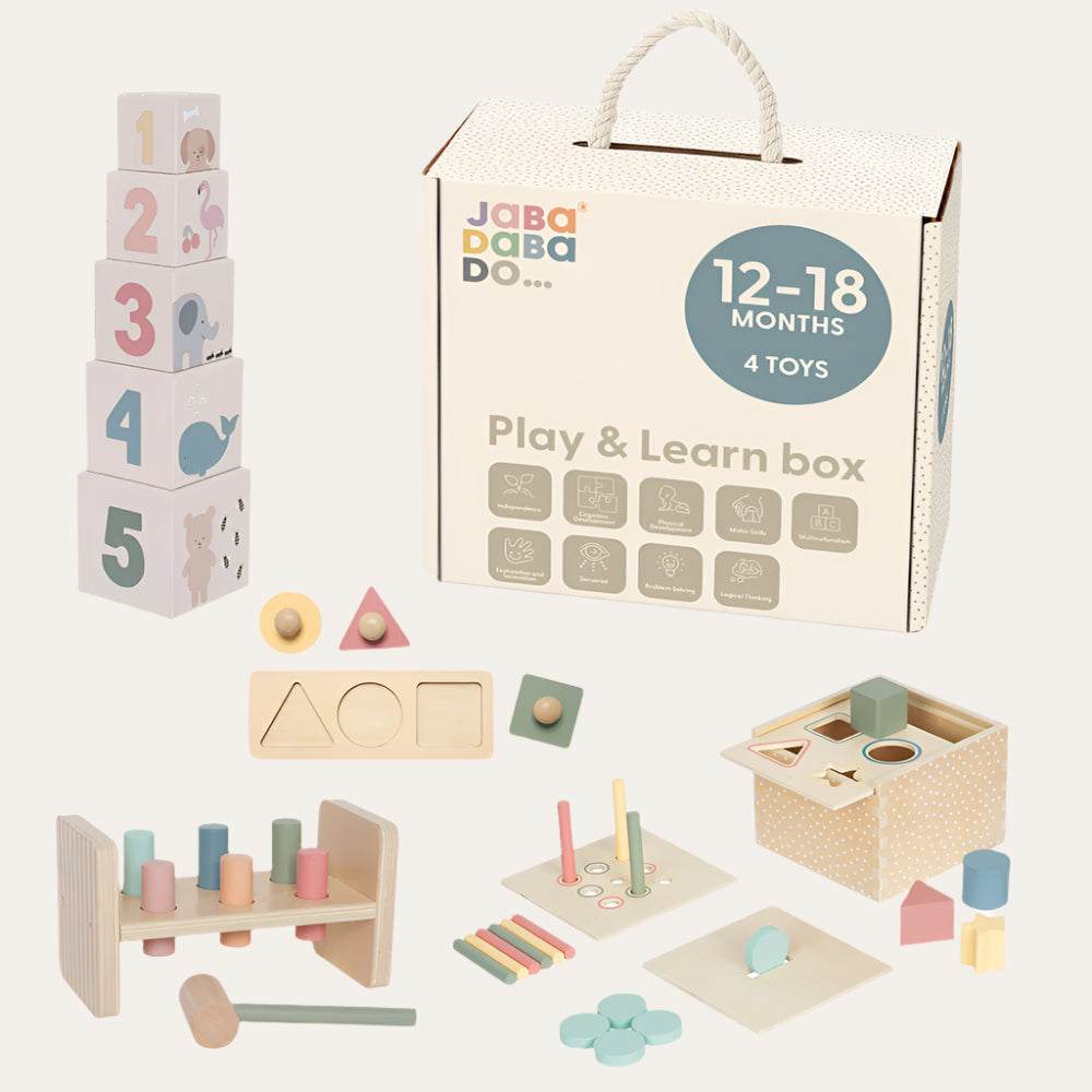 Play and Learn Box 12-18 Months with shape puzzle, hammer peg toy, sorting boards, and stacking cubes for toddler development