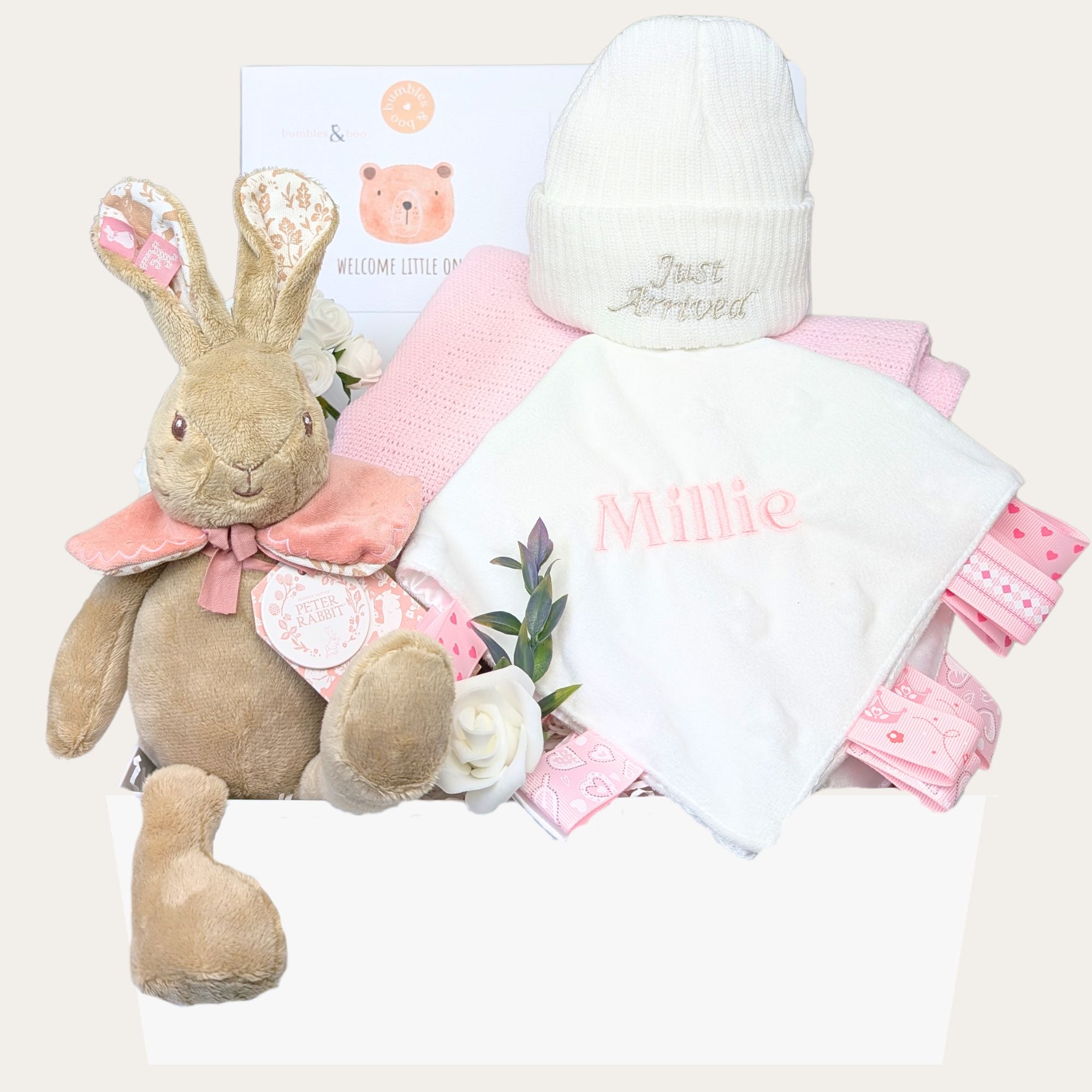 flopsy bunny baby girl gift hamper box with soft toy, blanket and hat. Bumbles and Boo